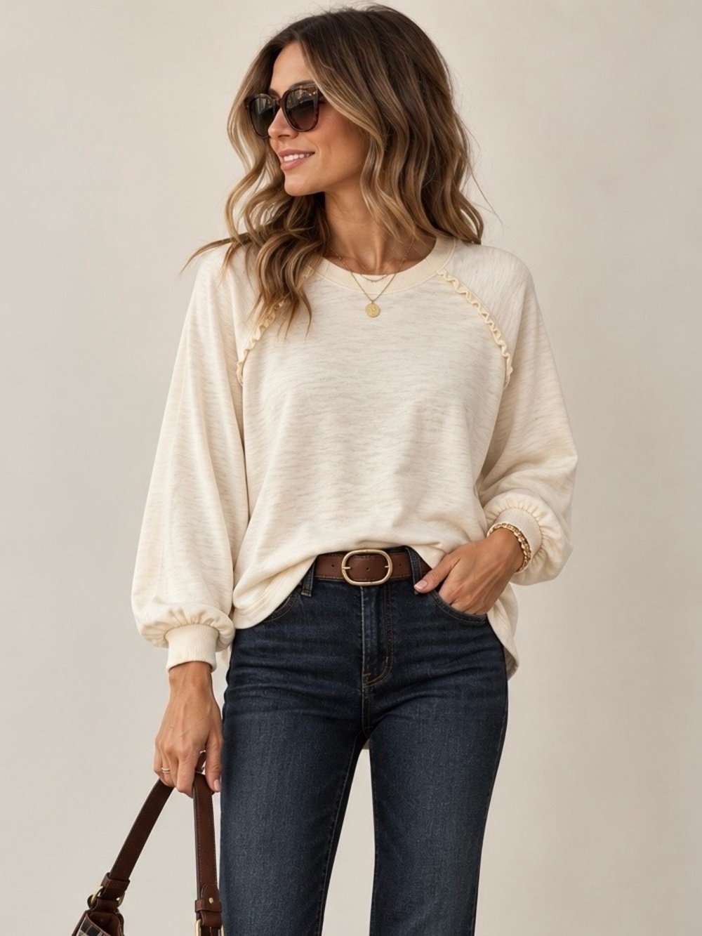 PILCRO Anthropologie Cream Ruffle Detail Long Sleeve Top Size Medium